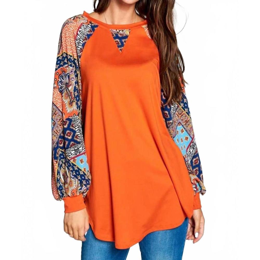 NEW EMERALD COLLECTION patchwork balloon sleeve raglan top in orange